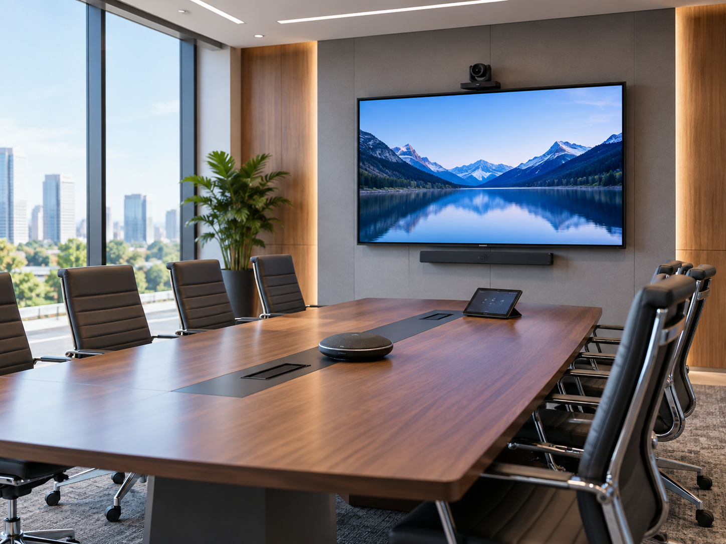 Modern conference room with video conferencing equipment